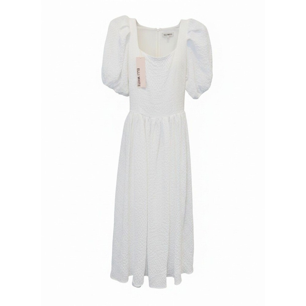 elli white textured white midi dress with short puff sleeves and square neckline